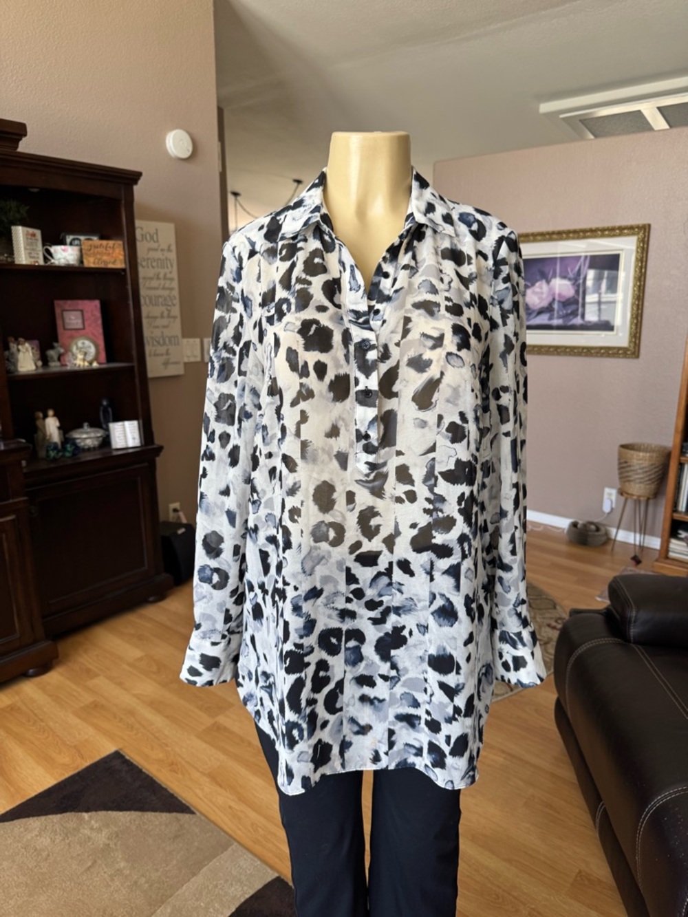 Bebe sheer black & white leopard print long sleeve tunic-size M